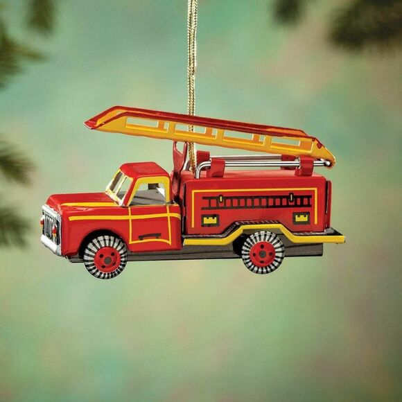 Tin Fire Engine Ornament Nostalgic Moving Wheels Ladder Holiday Christmas Gift - Picture 2 of 2